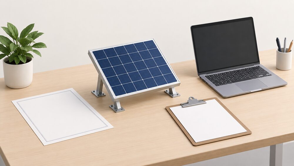 A small rooftop solar panel model with its mounting feet stands on a table beside a blank certificate document, a clipboard and a laptop with a blank screen, representing the moment a completed installation is certified.