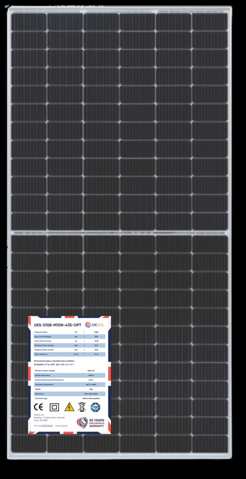 A UKSOL solar panel product photo with a specification label showing model UKS-510B-M10-435-QR7