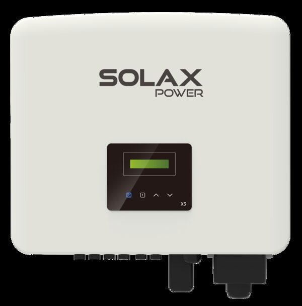 A SolaX Power X3 three-phase solar string inverter, a white wall-mounted unit with a small display panel