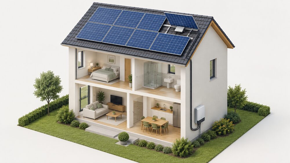 A cutaway house with solar panels on the roof, one panel lifted to reveal a small microinverter bolted to the mounting rail behind it, while a single string inverter box sits on an external wall at ground level connected by cabling.