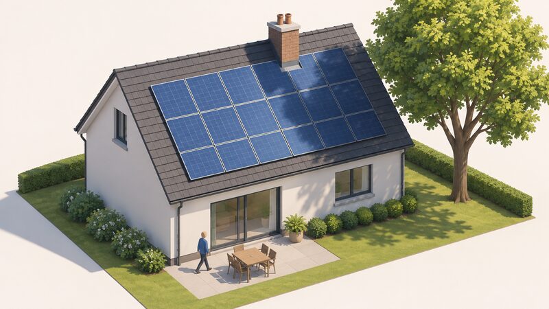 A house roof with a chimney casting a shadow across part of a solar panel array, with a neighbouring tree also throwing shade over some panels while others sit in full sun.