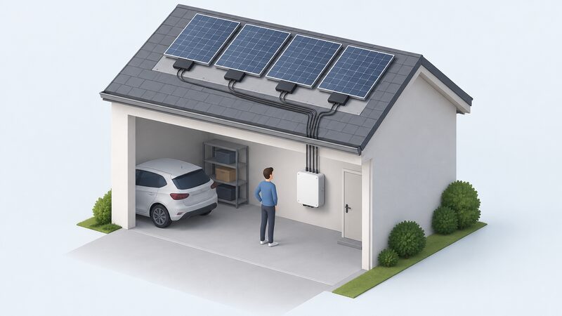 A SolarEdge Home Short String Inverter box mounted on an ordinary garage wall, with a simplified isometric view of the roof above showing solar panels each with a small power optimiser unit beneath it, connected by cabling down to the inverter.