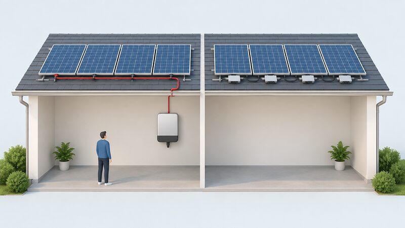 A split scene showing a single wall-mounted string inverter connected by one series cable to a rooftop row of panels, beside another rooftop row where each panel has its own small microinverter clipped to the mounting rail beneath it.