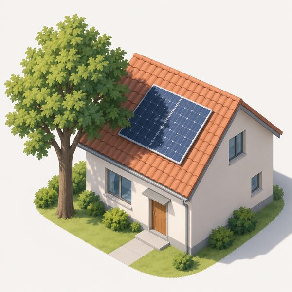 A house roof with one solar panel partly covered by the shadow of a nearby tree, the shade falling across part of the panel while the rest of the roof stays in sunlight.