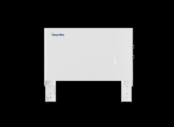 A white Hoymiles microinverter unit shown front-on against a plain white background