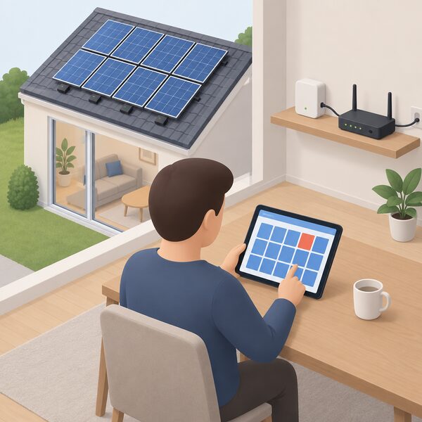 A householder seated indoors at a table holding a tablet whose screen shows a plain grid of panel tiles with one tile shaded differently, indicating an underperforming panel in the array, with a small gateway box nearby on a shelf connected to the home router.