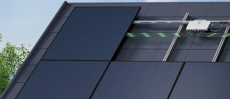 A 3D render of solar panels on a roof with a micro inverter and cabling mounted beneath the panels