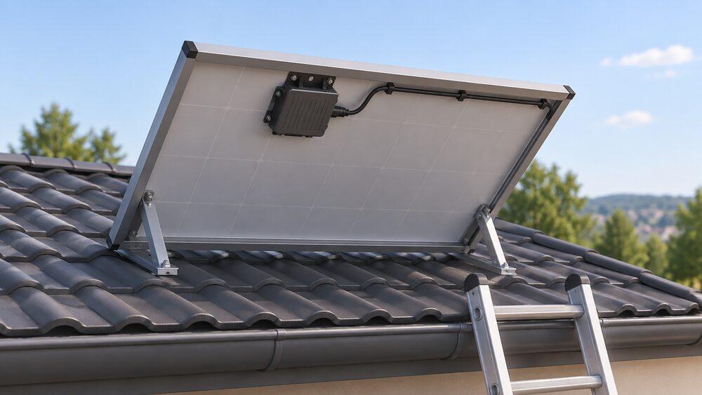 A close-up of the rear of a single rooftop solar panel with a small microinverter unit mounted directly on its back, its cabling running along the panel frame, with a ladder leaning against the roof edge to show the roof-level access that servicing requires.