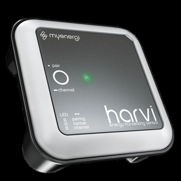 A myenergi harvi energy harvesting wireless sensor, a small grey and white square device with a green LED and pairing/channel labels