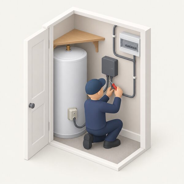 A small isometric installer figure kneels beside a hot water cylinder in an airing cupboard, wiring a wall-mounted eddi diverter unit into the immersion heater circuit with a screwdriver, cables running between the unit, the cylinder's immersion connection and the consumer unit.
