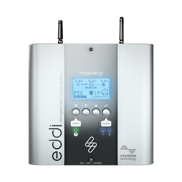 A myenergi eddi microgeneration energy diverter unit with display screen and control buttons on a white background