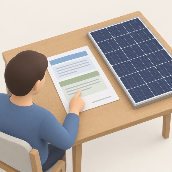 A printed solar panel warranty document lying on a table beside a solar module, with a householder's hand pointing to a line of the terms, the page showing separate blocks for a product warranty and a power output warranty and a version date line, all content as blank lines and plain colour bands.