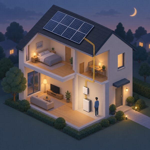 A cutaway view of a house at dusk showing a wall-mounted home battery indoors connected by cable to an inverter and up through the building to a rooftop solar panel array, with a small isometric figure standing beside the battery.