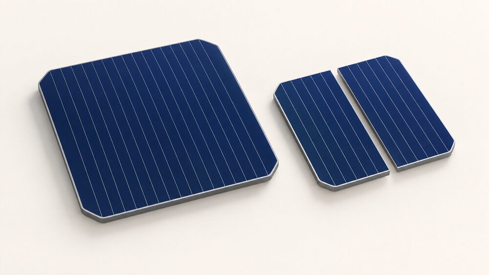 A close-up of a single monocrystalline solar cell, its dark blue silicon face clean and unshaded with fine silver finger lines running across it, resting on a plain surface beside a second identical cell cut in half, with no other equipment around it.
