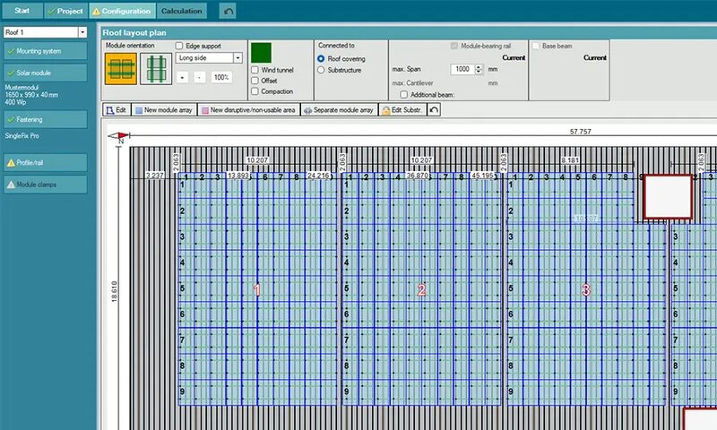 A screenshot of Schletter's solar planning software showing a roof layout plan with solar module placements and measurements