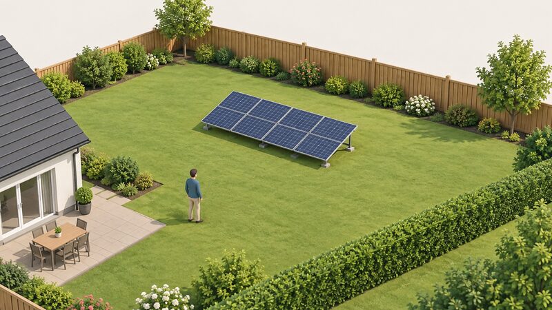 A small ground-mounted solar panel array on low frames stands well back in a garden, with a wide clear gap of open lawn between it and the garden's boundary fence, showing the siting distance condition.