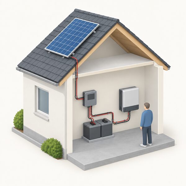 A cutaway scene showing a solar panel on a house roof with cabling running down through the wall to a charge controller, then to a battery bank and an inverter indoors, all linked in one DC chain.