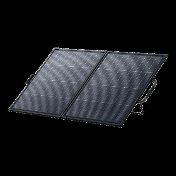 A foldable Anker SOLIX PS200 portable bifacial solar panel on its kickstand against a white background