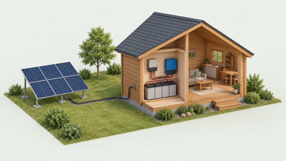A cutaway view of a small cabin with a battery bank, charge controller and off-grid inverter inside, connected by cable to a ground-mounted solar array standing in the open garden a few metres away, with no grid connection cable anywhere in the scene.