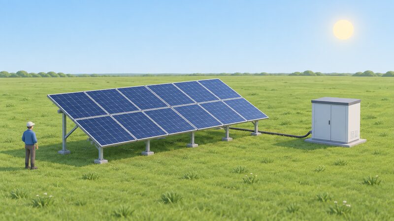 A ground-mounted solar array on metal frames in an open garden, tilted at roughly 30 degrees and facing south, with a clear unshaded horizon of low grass and no buildings or trees nearby, and a short cable run toward a small battery enclosure at the edge of the scene.