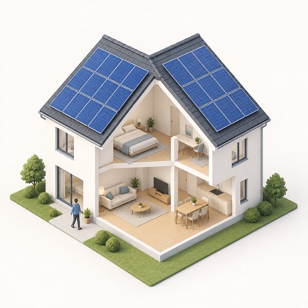 A simple cutaway-style house shown from a corner angle so both the east-facing and west-facing roof slopes are visible, each carrying a neat array of solar panels, with no shading obstacles on either roof.