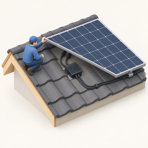 A small isometric view of a pitched roof with one solar panel lifted at its corner to reveal a compact power optimiser unit mounted on the roof beneath it, its short cables running to the panel's connections and onward along the roof.