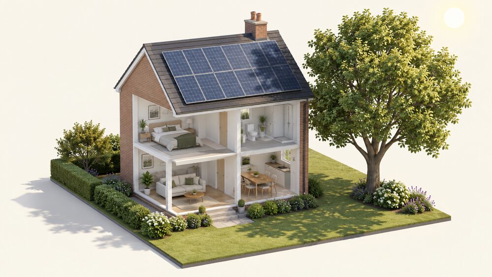 A cutaway-free view of a house with solar panels mounted on its south-facing roof plane pitched at a typical UK angle, while a mature tree beside the house throws a shadow across part of the array in bright daylight.