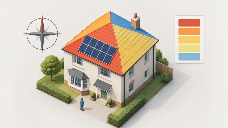 A simplified diagram of a detached UK house with four visible roof faces, each colour-shaded by relative solar yield, beside a plain compass rose showing north, and a small printed key sheet with plain colour bands matching the roof shading from high at south to low at north.