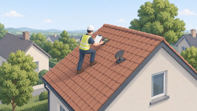 An installer standing on a pitched tiled roof holds an inclinometer against the slope while a shading assessment tool rests nearby, with a clipboard in hand and nearby trees and neighbouring rooftops visible as potential obstructions to record.