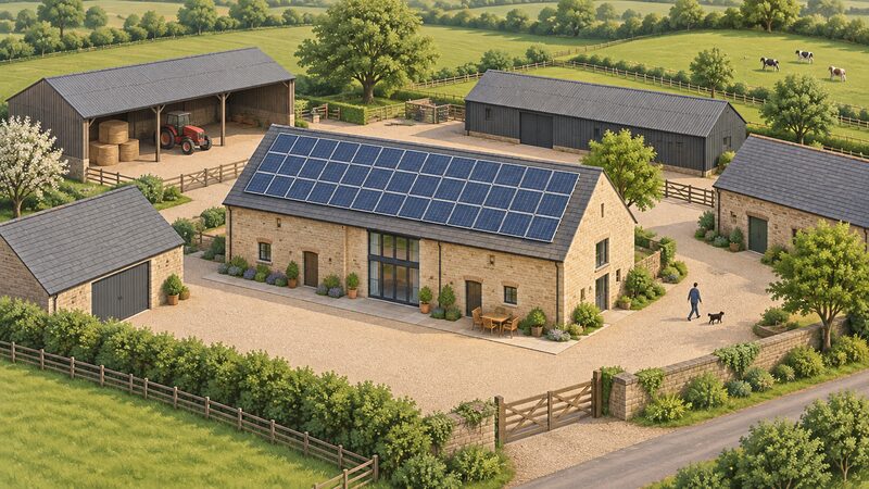 An aerial view of a converted farm building in Warwickshire countryside with a large array of thirty-six solar panels covering its roof, arranged in neat rows, surrounded by farmyard buildings and fields.