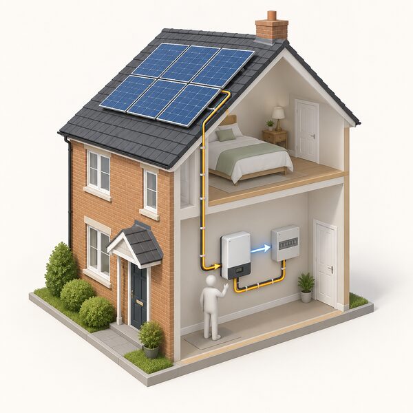 A cutaway UK house showing solar panels on the roof with DC cabling running down inside the wall to an AC/DC inverter and a control panel mounted indoors, with a simplified figure indicating the inverter converting direct current into usable alternating current.