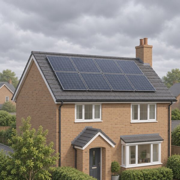An overcast UK sky with heavy grey clouds, beneath which a row of silicon solar panels on a pitched house roof captures diffused daylight, drawn with soft even lighting and no strong shadows to show the array still generating on a cloudy day.