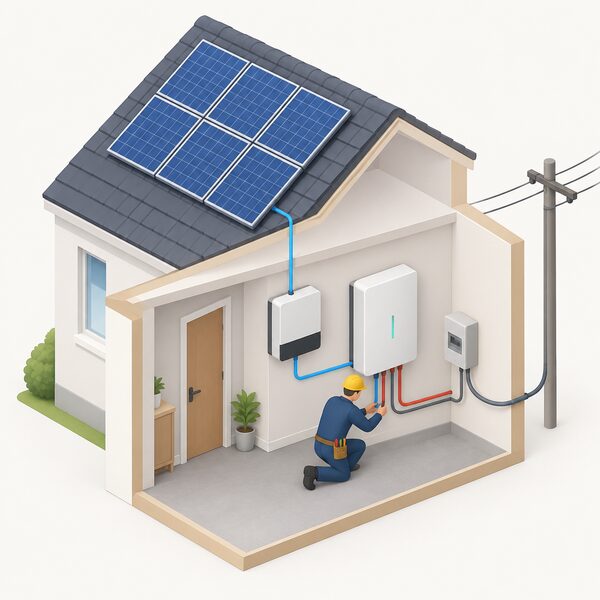 A qualified electrician kneels beside a wall-mounted battery storage unit inside a home, wiring it permanently into the existing solar PV system, with a simplified diagram of the roof-mounted panels and inverter connected to the battery and the grid supply shown nearby.