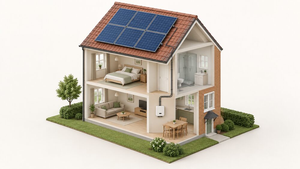 A cutaway of a small UK house showing a domestic array of solar panels mounted on the pitched roof, with cabling running down inside the building to an inverter mounted on an indoor wall.