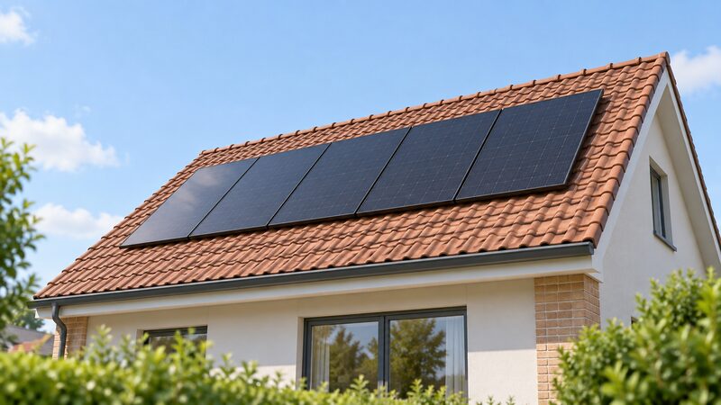 A row of black-framed solar modules mounted flush on a pitched tiled roof of a domestic house, viewed from ground level looking up, with no other equipment visible.