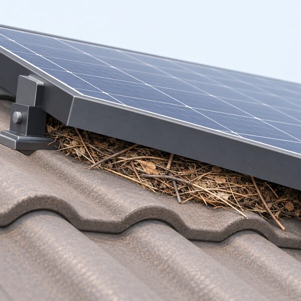 A close-up view of the gap beneath a roof-mounted solar panel with dry, fibrous twigs and grass packed tightly into the confined space directly behind the panel, resting on the roof covering.