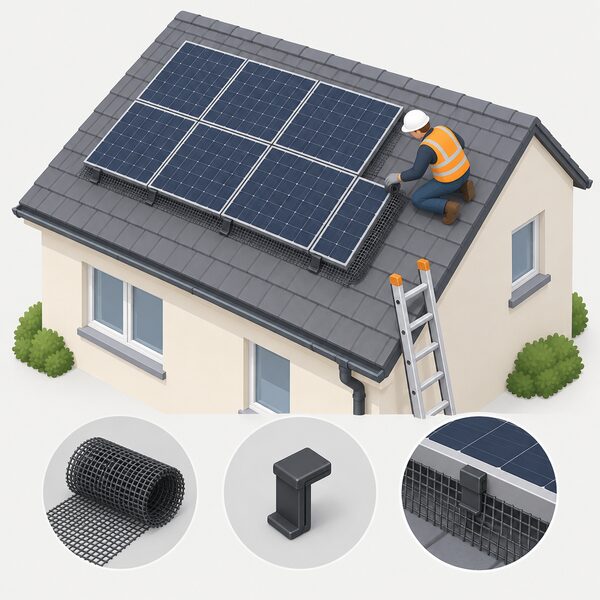 An installer on a roof beside an already-fixed solar array, threading a mesh skirt along the panel perimeter and clipping it in place, with access equipment at the edge of the roof for the retrofit visit.