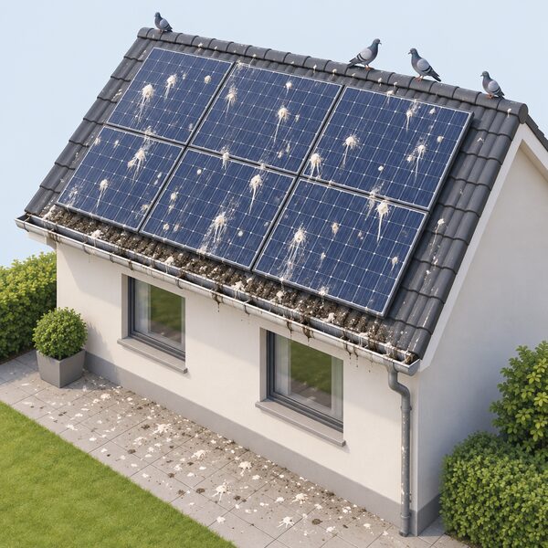 A pitched roof with a solar array whose panels are streaked and spotted with bird droppings, the gutters below the array soiled and overflowing, and droppings scattered on the ground beneath, with a few pigeons perched at the roof edge.