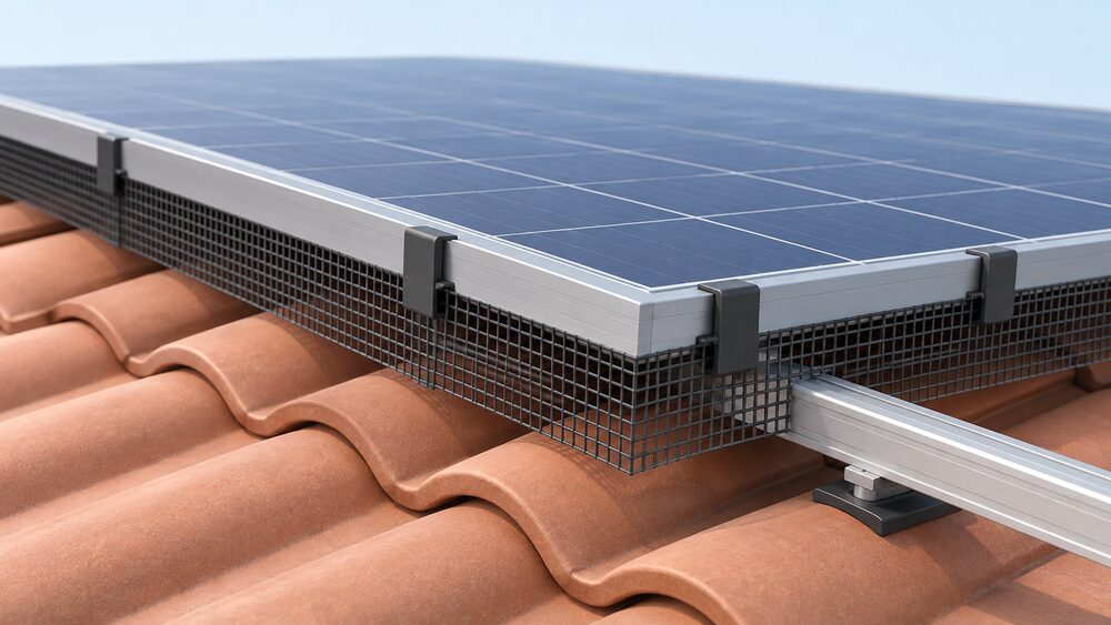 A close-up of the edge of an on-roof solar panel mounted on rails above roof tiles, with a purpose-made mesh skirt clipped around the panel frame closing the perimeter gap, the clips gripping the frame without any drilled holes.