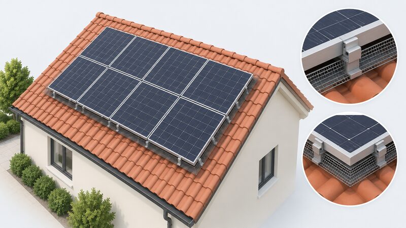 An isometric view of a rail-mounted rooftop solar array with a fine mesh skirt running around its full perimeter, held by small clips gripping the panel frames and closing the gap between the panel edges and the roof tiles, with no fixings penetrating the panels.