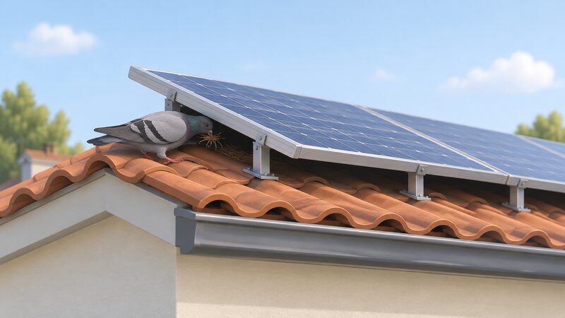 A side view of an on-roof solar array on a tiled roof, with the panels raised on mounting rails above the tiles so the continuous void behind and beneath the frame is visible, and a feral pigeon shown entering that warm, sheltered gap to nest.