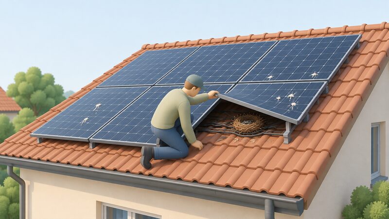 A householder on a tiled roof beside a rooftop solar array lifts the edge of a panel to inspect underneath, where twigs and nesting material sit among the cables, while droppings mark the panel surface above.