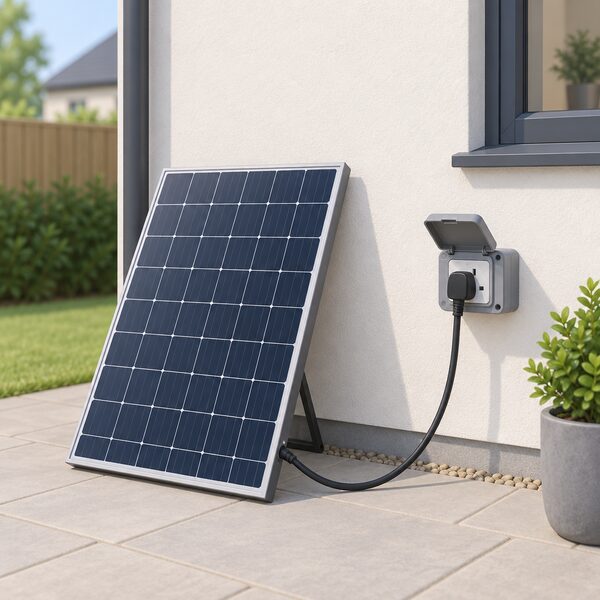 A single solar panel leaning against an outdoor house wall, its manufacturer-supplied cable ending in a standard UK mains plug inserted directly into a suitable outdoor wall socket on that wall, with no extension lead or extra wiring anywhere in the scene.