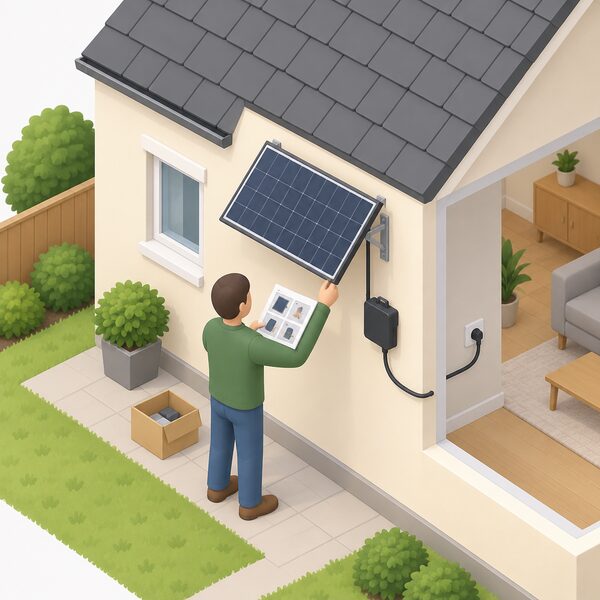 A single householder in plain clothing, shown as a simplified isometric figure, self-installing a small plug-in solar kit on the exterior wall of their home, following a printed instruction sheet, with no professional installer anywhere in the scene.