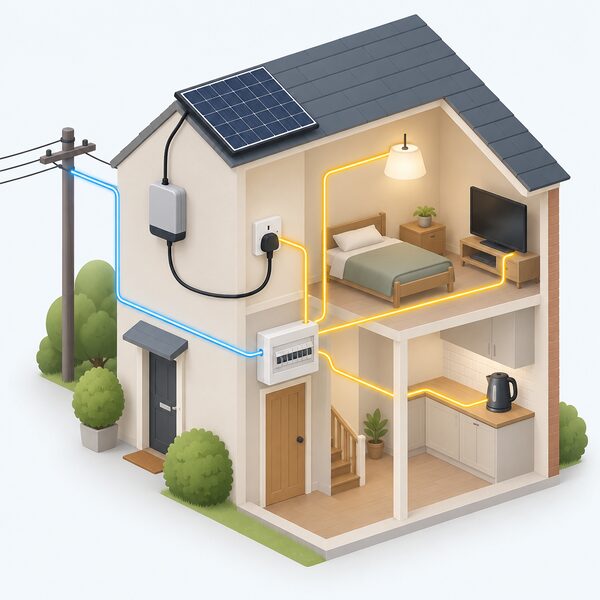 A cutaway home interior showing a small plug-in solar kit's cable entering a standard UK three-pin wall socket, with a line of simplified power flowing to everyday appliances such as a lamp, television and kettle, while a grid supply cable also feeds the same consumer unit.
