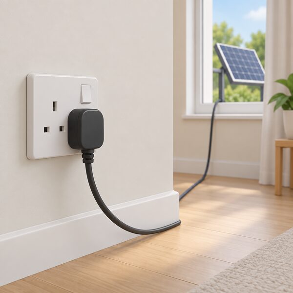 A close-up of a standard household wall socket on a plain interior wall with a plug-in solar panel's mains plug inserted directly into it, its cable running away toward a window, with no extension lead or adaptor anywhere in the scene.