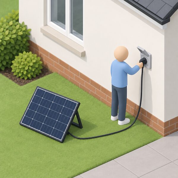 An exterior house wall with a standard UK outdoor socket, a small isometric figure plugging the BS 1363 plug on the end of the solar panel's cable directly into it, with the cable running down to a ground-mounted plug-in solar panel nearby.