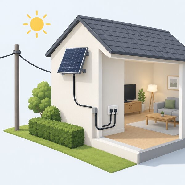 A small plug-in solar panel mounted on an exterior house wall in daylight, its cable running directly into a wall socket inside, with a grid supply cable entering the house so the home draws power from both panel and grid.