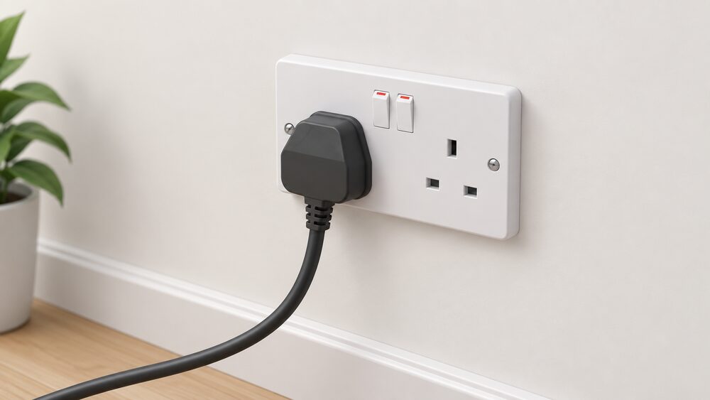 A close-up of a single BS 1363-style plug on a thick cable pushed directly into a standard UK twin wall socket, with the cable running away cleanly and no extension lead, adaptor or cable reel anywhere in the scene.