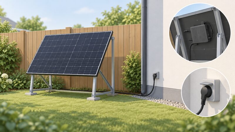 A plug-in solar panel in a garden, mounted on a purpose-made non-combustible metal frame standing in front of a timber fence, with the microinverter fixed to the back of the module and its cable running down towards a socket on the house wall.